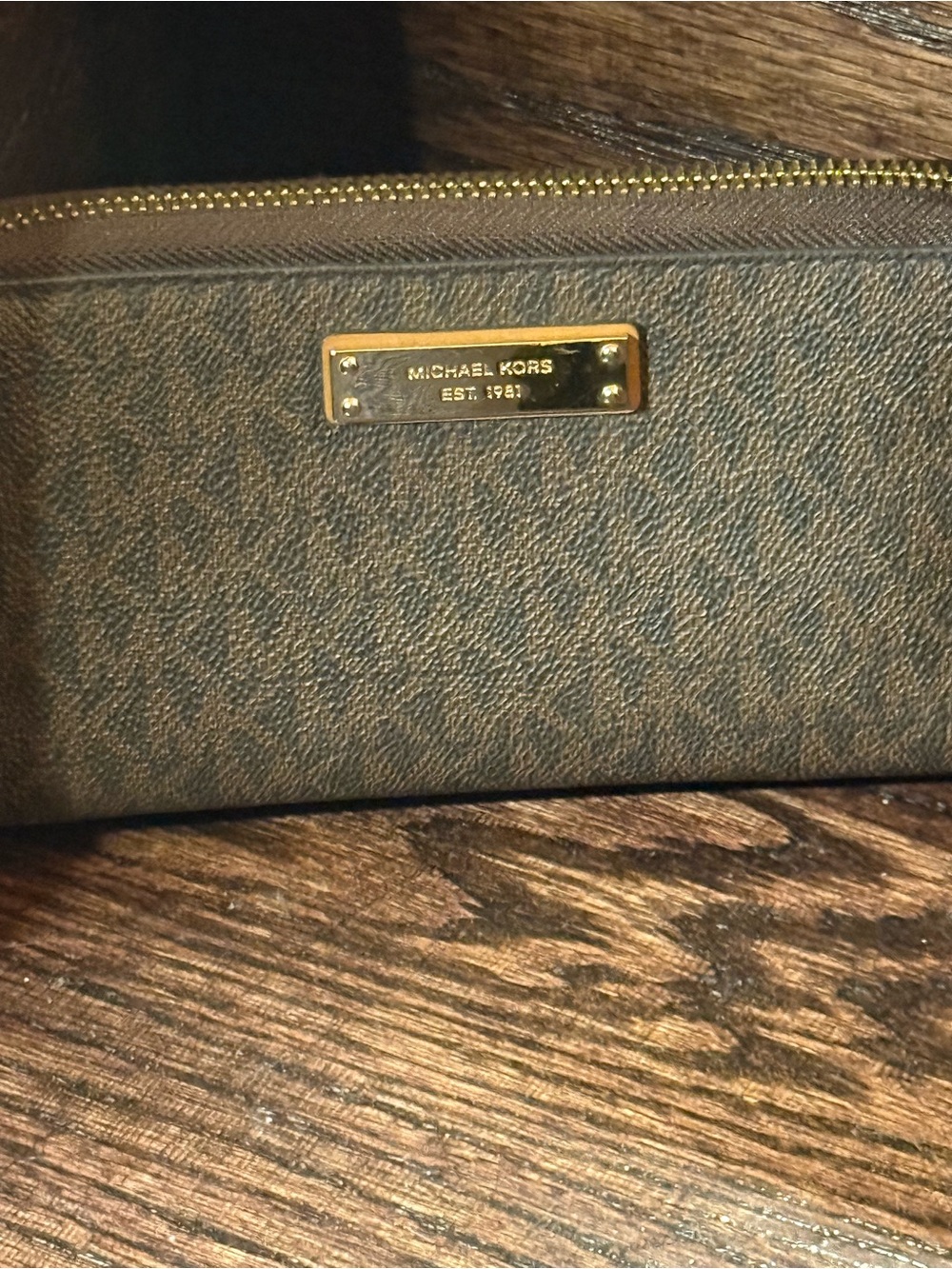 Michael Kors Brown MK Signature Toiletry Pouch with Gold Hardware